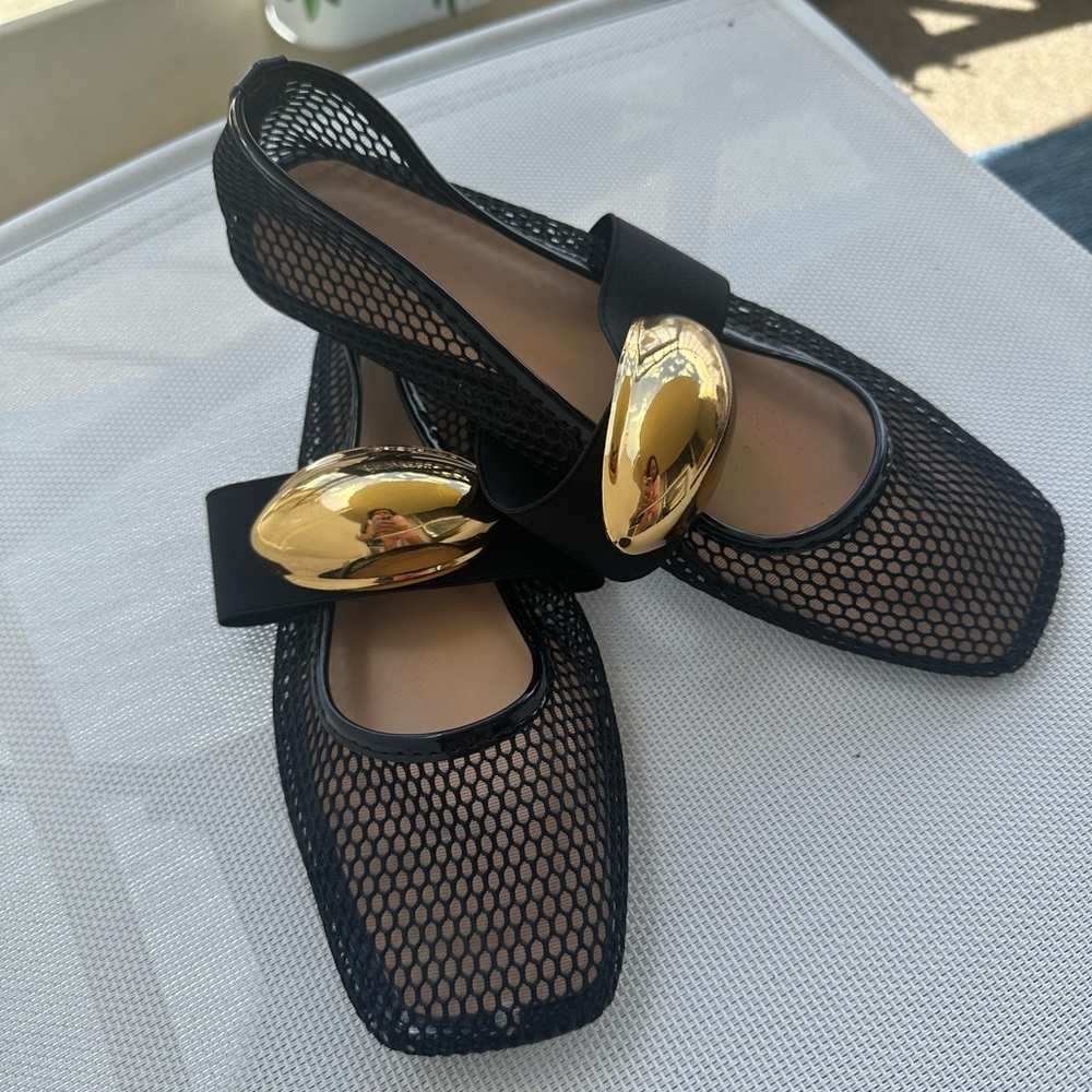 Chic Black Mesh Loafers with Gold Detail